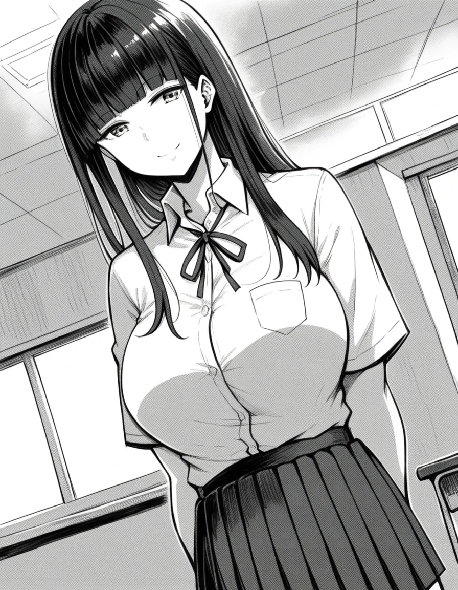 score_9, score_8_superior, score_7_superior, sauce_anime,
aksIchika, Ichika, Long Hair, bangs, Large Breasts, Monochrome, grayscale, blunt bangs,
skirt, shirt, ribbon, , pleated skirt, collared shirt, dress shirt, neck ribbon, shirt tucked in, Chest pocket,
indoor, classroom, I had already finished, smile,
Cowboy Shot, View your viewers, alone, Dutch Angle,