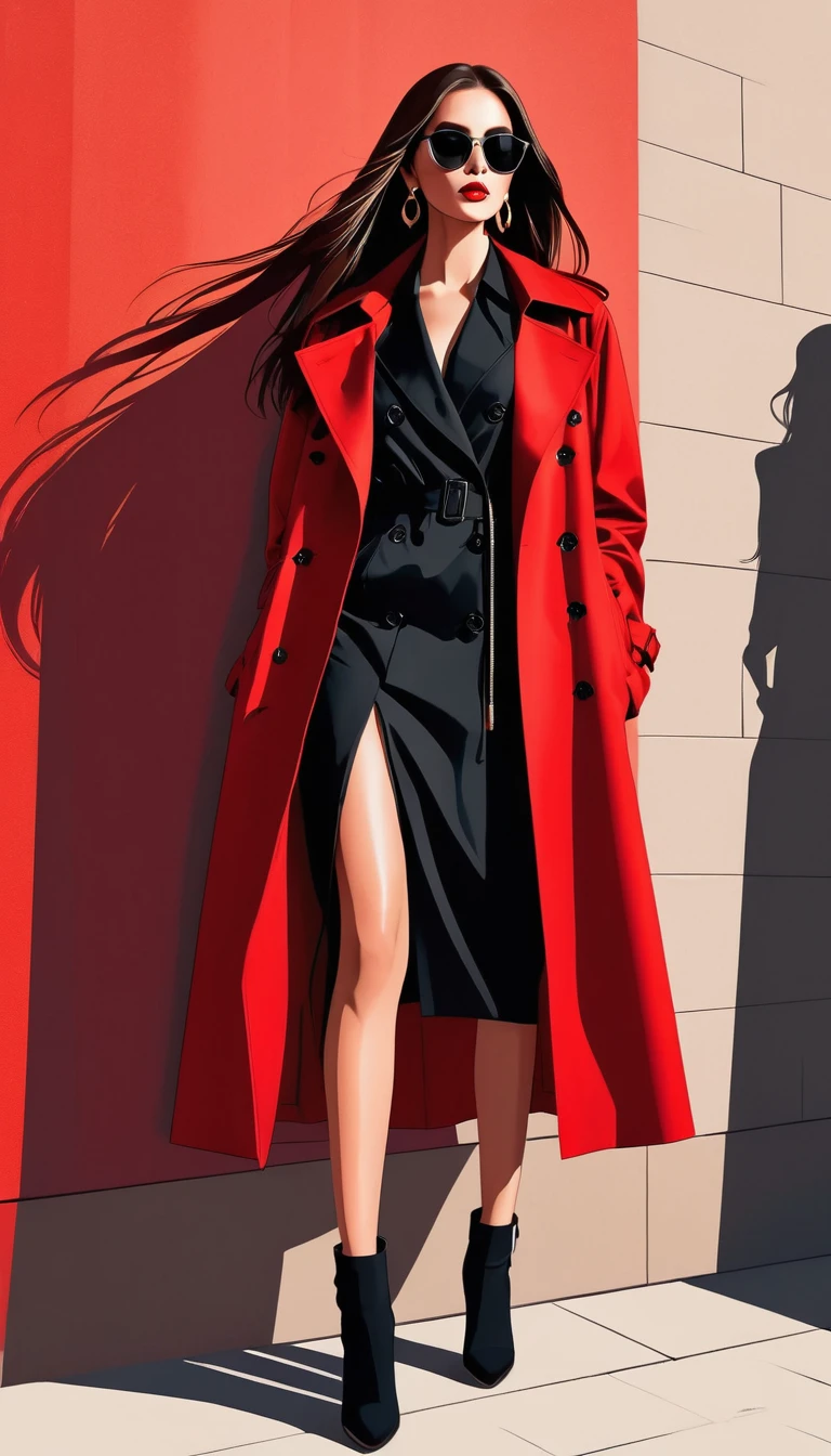 Simple vector illustration，Beautiful girl standing against the wall，Unique，confidence，Long straight hair，sunglasses，Exaggerated earrings，Unique，Staring at the audience），（Black deep V trench coat：1.37，Red bottoming skirt）。Looking from the bottom up，Geometric Light and Shadow，Clean and simple red background