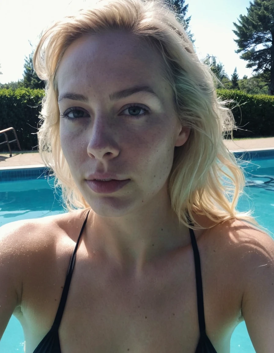 photographie amateur sur téléphone portable jolie femme aux cheveux blonds a la piscine, (taches de rousseur:0.2) . f8.0, Samsung Galaxy, bruit, artefacts jpeg, faible éclairage,  lumière faible, sous-exposé, contraste élevé