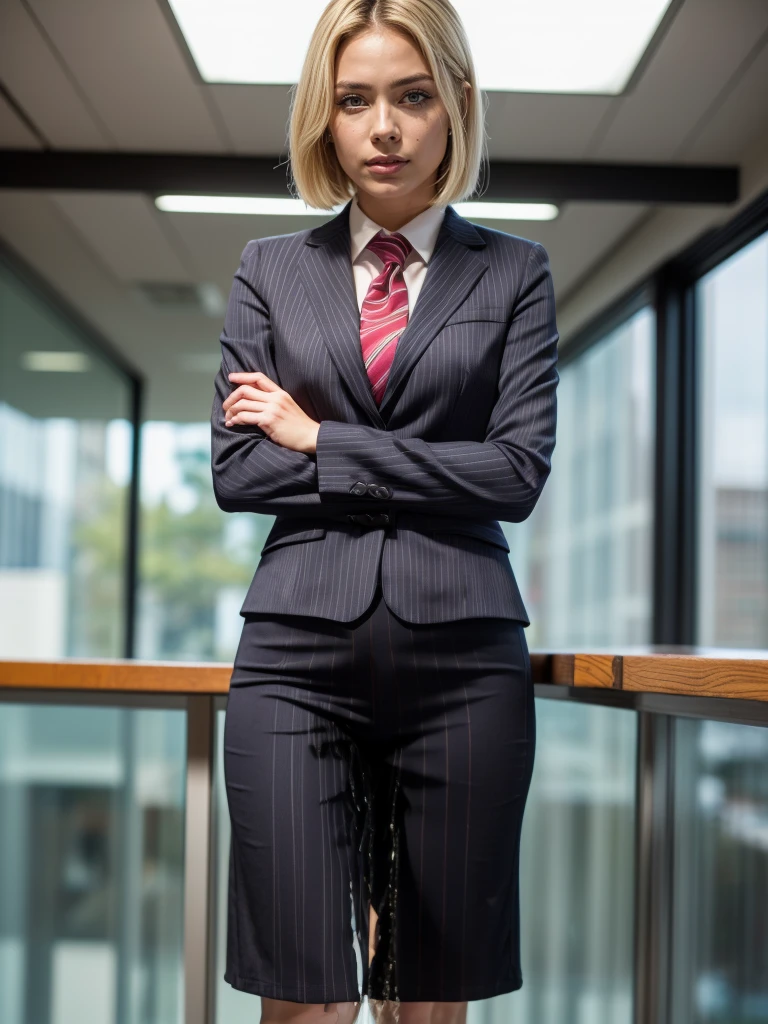 (masutepiece,High quality,16k:1.1),(depth of fields:1.3) ,((front body:1.35)), Ukrainian ,Woman, blonde,makeup,((business suit, black vertical striped pencil skirt )), voluptuous, thicc,(arms crossed:1.5) (wetting herself:1.5), (desperation:1.75),standing ,necktie peeing self, wetting her clothes