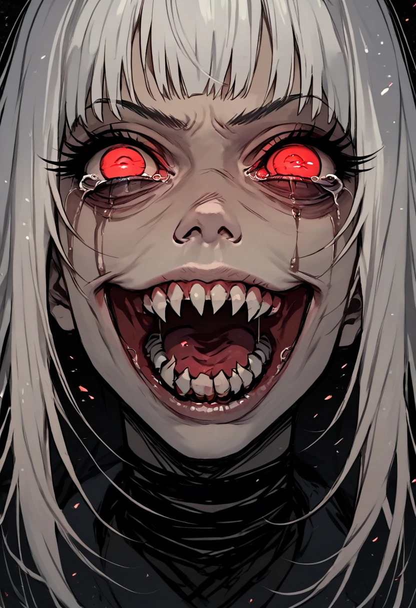 score_9, score_8_up, score_7_up, score_6_up,Madness,1girl,solo,looking at viewer,bangs,red eyes,sharp teeth,tears,eyelashes,glowing,heterochromia,portrait,light particles,close-up,eye focus , yandere , crazy laugh , scary laugh , white hair