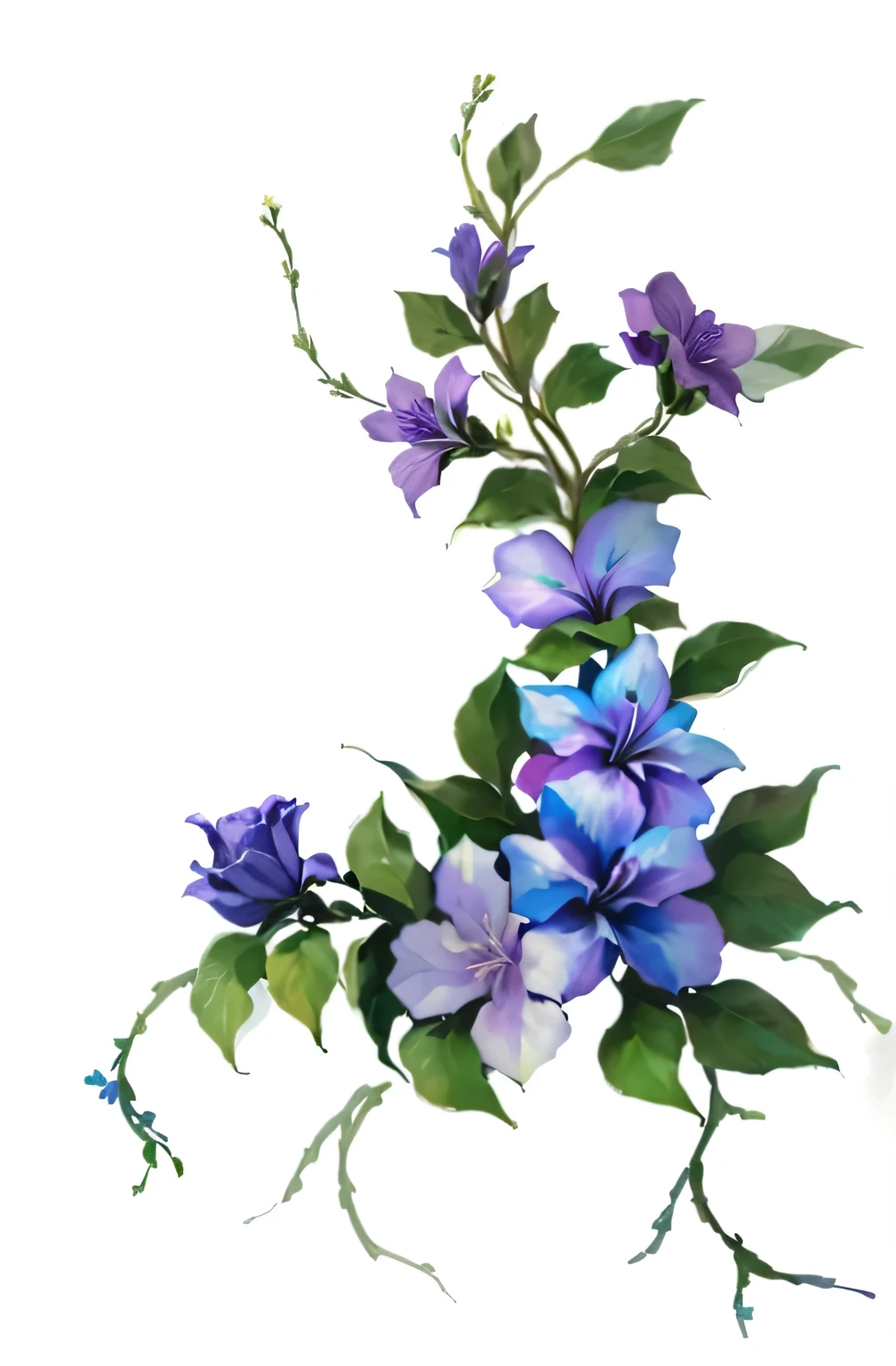 there is a painting of a flower with purple and blue flowers, violet flowers, clematis design, purple flowers, flower, violet flower, blue flowers accents, violet, with colored flowers, by Doris Blair, floral, painted with colour on white, blue flowers, looking left, flowery, stylized flowers, lilacs, flowers, violet polsangi