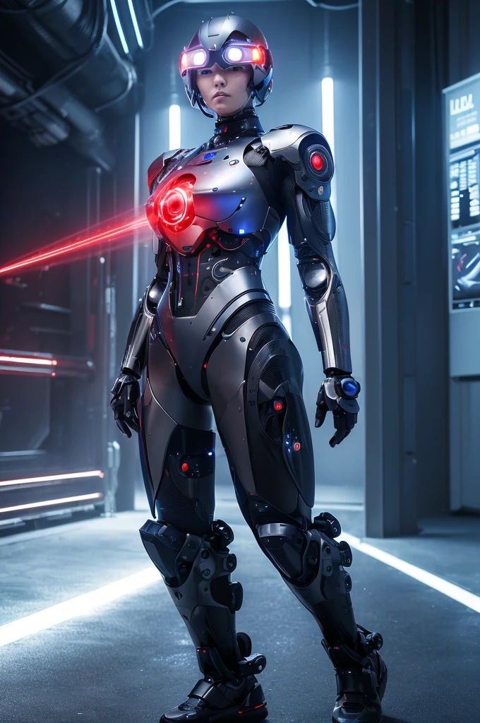 (((whole body))),(((cyborgに改造されたエルフ))),right half is blue、left half red、cyborg,Machines are embedded in the body,