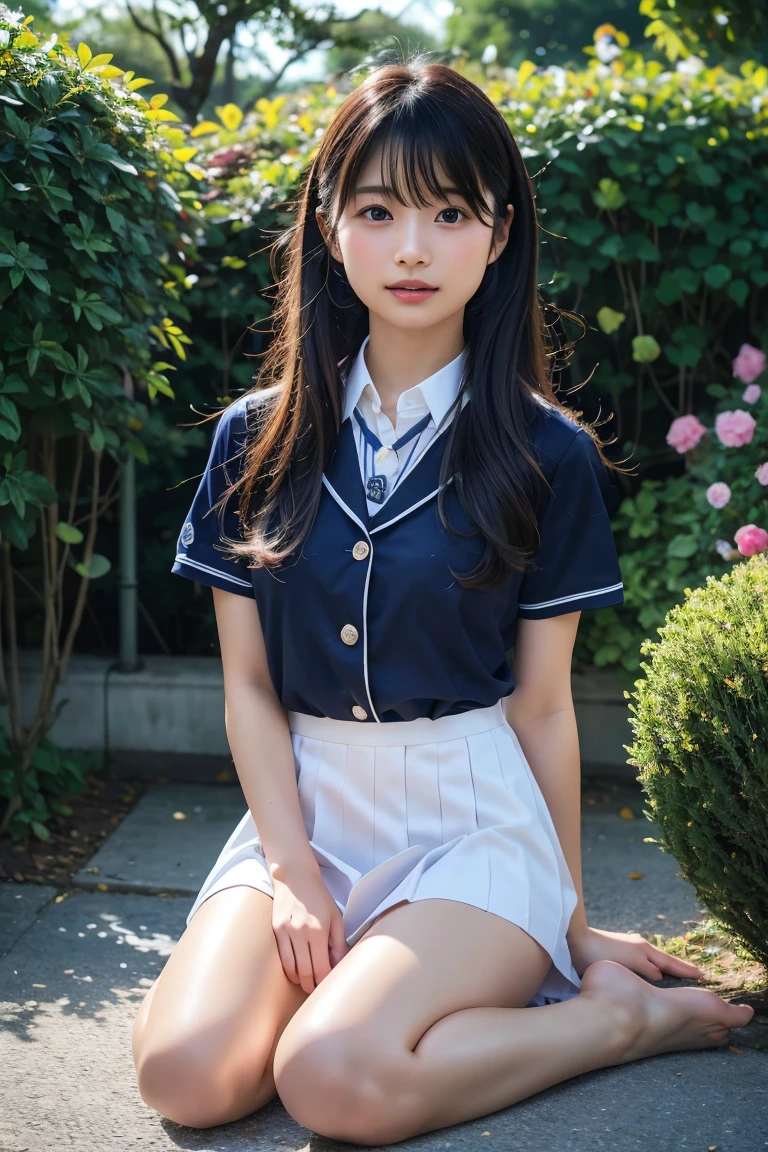 A highly detailed, photorealistic portrait of a young Asian woman with long, flowing hair, soft natural lighting, and a calm expression. She is surrounded by a background of lush greenery and flowers. High resolution, 8K, ultra-detailed, best quality 、Dressed as a high school girl、Surreal 、Wear a uniform、Realistic high school girl、Girl in uniform、Wear a uniform、 Temporarily stop、Ezvian Everywhere、Beautiful Skin、Glowing Skin、Nice thighs、Shining thighs、Shining Legs、barefoot , Japanese High School 、Nogizaka idol、Korean Idol