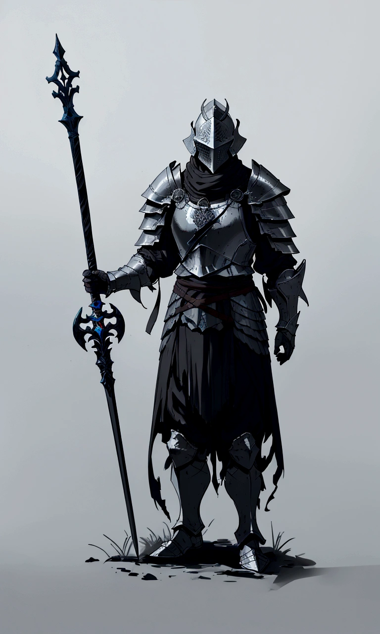 a drawing of a man in armor holding a sword and a staff, dark soul armor concept, medieval concept art, grey armor, darksouls concept art, dark souls concept art, for honor charector concept art, concept armor, concept art of a warrior, pale black armor, black iron armour, some curved armor, the dark souls knight, armour merging with body