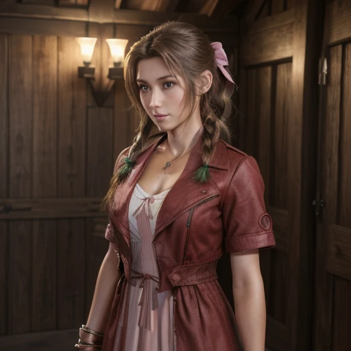 Ultra-high resolution, (masterpiece, Highest quality), Aerith Gainsborough, (One beautiful girl, alone:1.1), (hair, long hair, brown hair, dutch hair, Single Ponytail, Braidinged ponytail, bow, ribbon, hair bow, ponytail ribbon, big ribbon), (eye, (Big eye:1.2), green eye), jewelry, necklace, (chest, Natural chest,( Big chest:1.2)), Braiding,Inside a dark wooden hut、 bracelet, (Jacket, Red Jacket, Open Jacket, Short sleeve, cropped Jacket), (dress, Long dress, Pink dress, Vnack), Written boundary depth,  Realistic, nose, (shot, full-body shot, cowboy shot), Looking to the side、His hands are tied tightly behind his back、Angry face、