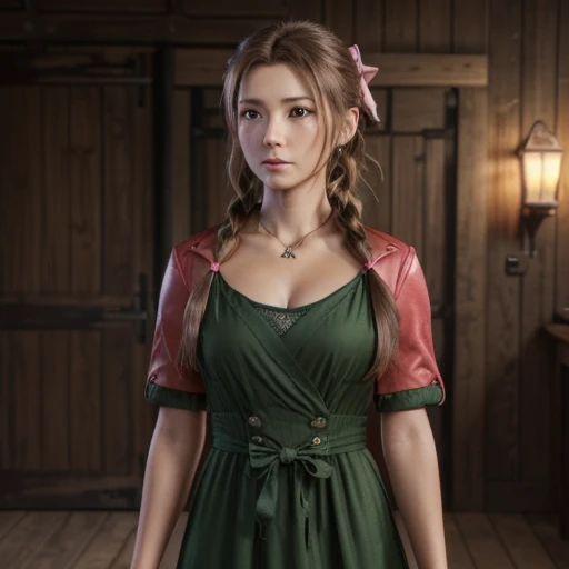 Ultra-high resolution, (masterpiece, Highest quality), Aerith Gainsborough, (One beautiful girl, alone:1.1), (hair, long hair, brown hair, dutch hair, Single Ponytail, Braidinged ponytail, bow, ribbon, hair bow, ponytail ribbon, big ribbon), (eye, (Big eye:1.2), green eye), jewelry, necklace, (chest, Natural chest,( Big chest:1.2)), Braiding,Inside a dark wooden hut、 bracelet, (Jacket, Red Jacket, Open Jacket, Short sleeve, cropped Jacket), (dress, Long dress, Pink dress, Vnack), Written boundary depth,  Realistic, nose, (shot, full-body shot, cowboy shot), Looking to the side、His hands are tied tightly behind his back、Angry face、