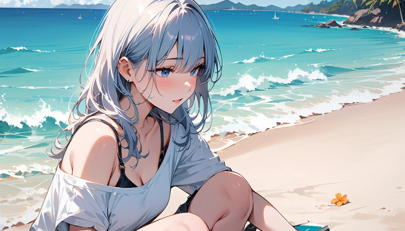 (masterpiece, Highest quality:1.2), 1 Girl, alone,Eyes open,I have a book,Tropical atmosphere,Ocean