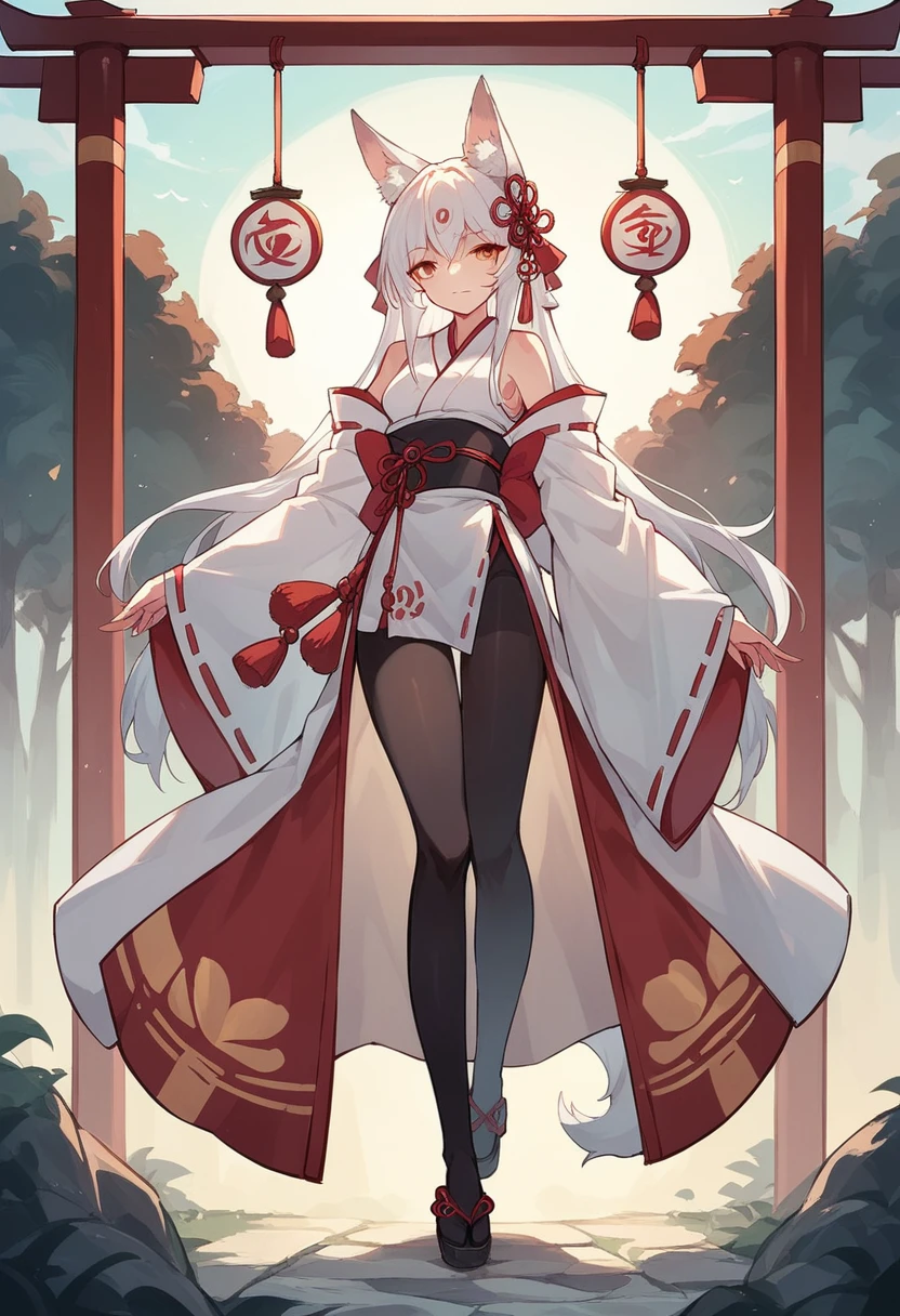 NSFW,Japanese girl,White Hair,Fox ears,A very revealing shrine maiden outfit,Full body black tights