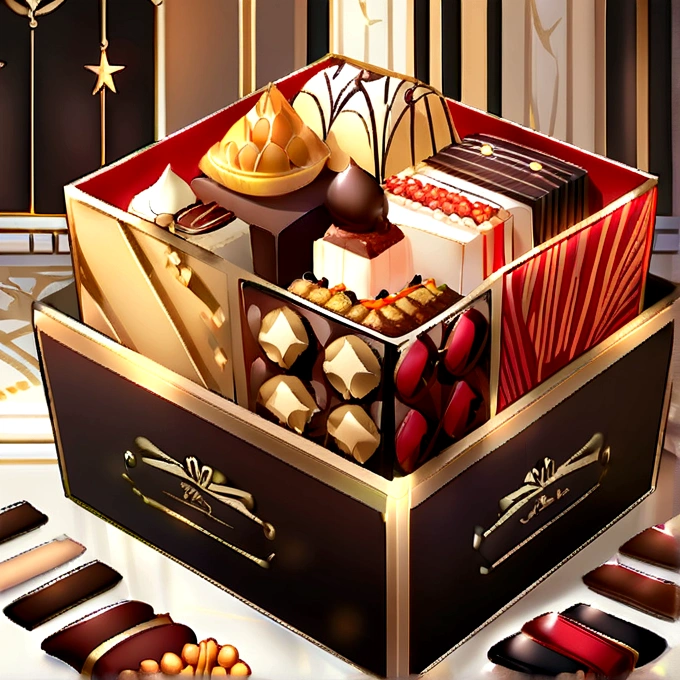 Royal Magic Snack Basket This snack basket is carefully crafted by the former royal craftsmen of the Kingdom of Beast Ears.,Square snack box,Divided into nine compartments,The large snack box has a gorgeous and noble appearance。The basket contains various royal magic snacks,Royal Cake、Royal Chocolate、Royal Cookies,Royal Sandwich Dessert,Decorated with red ribbon and black cardboard,Decorated with gold thread