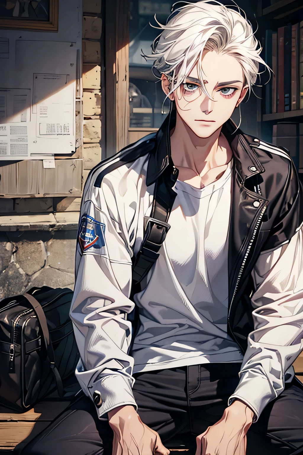 (absurdity, A high resolution, ultra detailed, HDR), masterpiece, Best quality, 1 boy, One, Beautiful, White hair, subtle eye and detailed face, Forehead, ((loose white t-shirt)), ((black jacket)), look at the viewer, ear piercing, sitting on a bench, park in the background