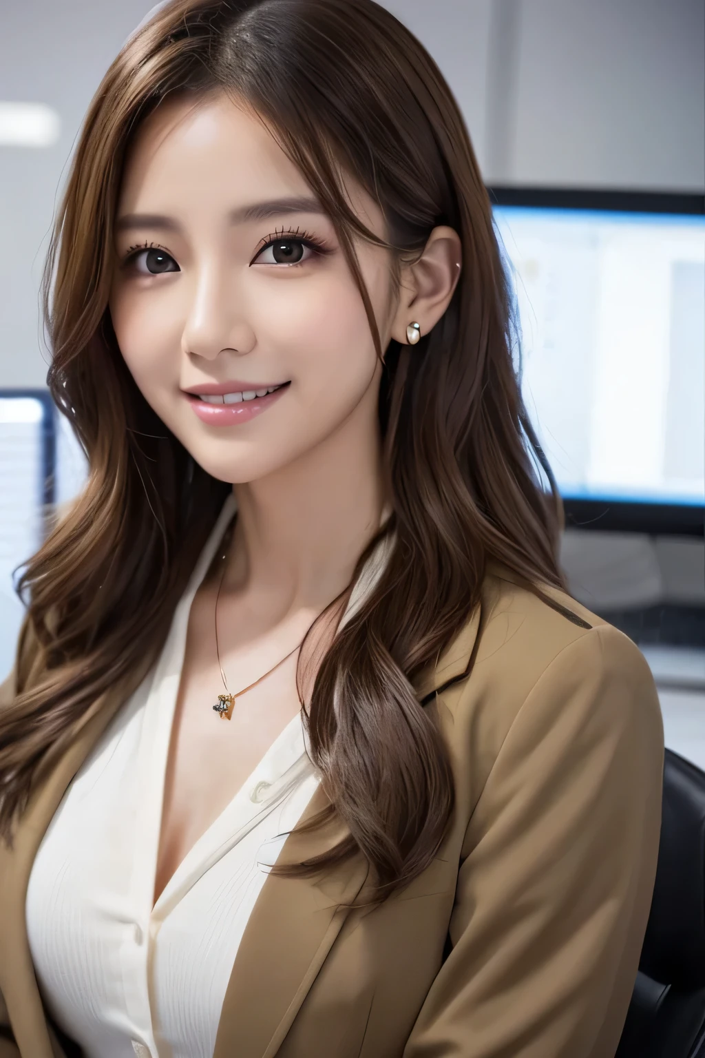 Beautiful young woman、 Light brown hair、、Wavy Hair、Working in front of a computer、Necklace around the neck、Office Lady Suits、Jacket、Unbuttoned shirt、Flashy makeup、smile、Beautiful teeth alignment、short hair、Intricate details, Very detailed:1.2), 、 Looking into the camera,The background is the office、Necklace around the neck、Dark eyeliner、ear piercing