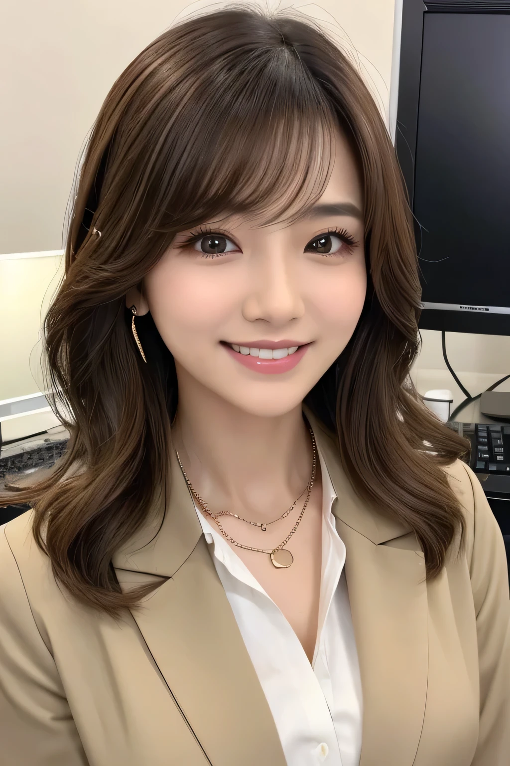 Beautiful young woman、 Light brown hair、、Wavy Hair、Working in front of a computer、Necklace around the neck、Office Lady Suits、Jacket、Unbuttoned shirt、Flashy makeup、smile、Beautiful teeth alignment、short hair、Intricate details, Very detailed:1.2), 、 Looking into the camera,The background is the office、Necklace around the neck、Dark eyeliner、ear piercing