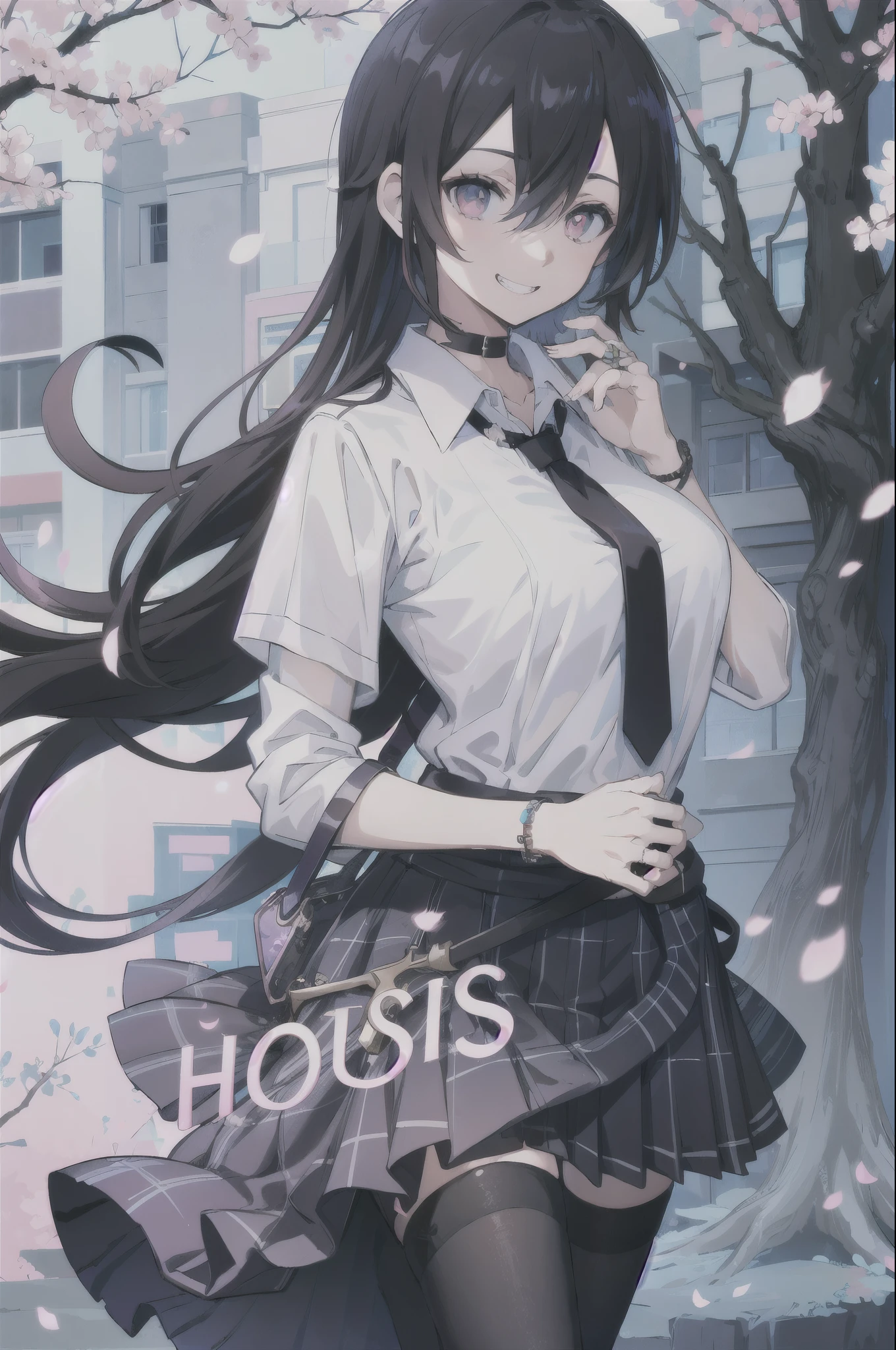 masterpiece, best quality,  full body,
1girl, bangs, black choker, black necktie, black hair, blue skirt, blush, bracelet, breasts, choker, clothes around waist, collarbone, collared shirt, cowboy shot, dress shirt, ear piercing, eyebrows visible through hair, gradient hair, grin, gyaru, jewelry, kogal, long hair, looking at viewer, loose necktie, necktie, piercing, plaid, plaid skirt, pleated skirt, red eyes, ring, school uniform, shirt, skirt, smile, solo, white shirt,
street, sky, cherry blossoms, petals,illustration, (magazine:1.3), (cover-style:1.3), fashionable, woman, vibrant, outfit, posing, front, colorful, dynamic, background,  elements, confident, expression, holding, statement, accessory, majestic, coiled, around, Touch, scene, Text, cover, bold, attention-grabbing, title, stylish, Font, catchy, headline, larger, striking, modern, trendy, focus, fashion,Female Kirito、Long hair、Black tights