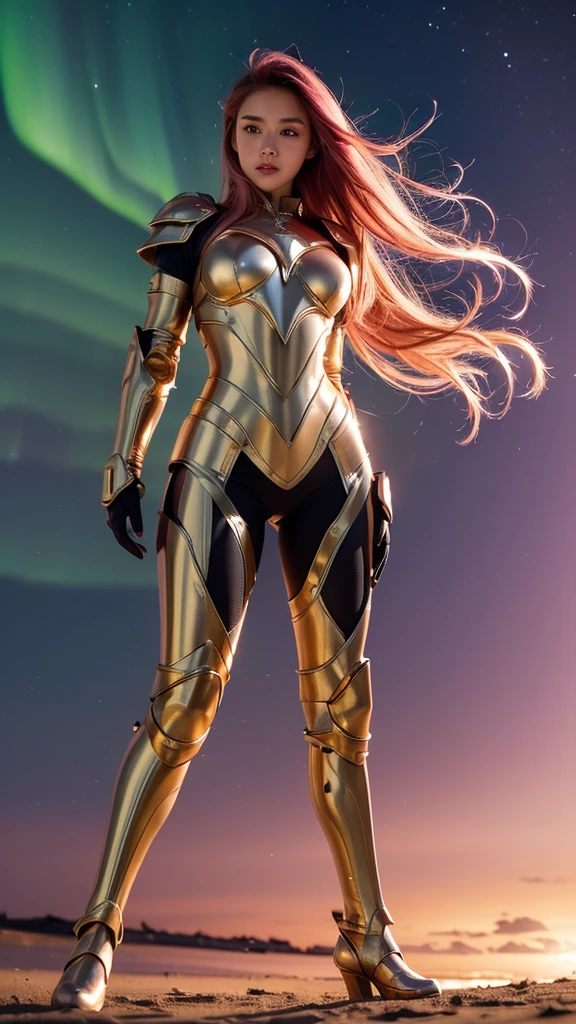 ((best quality)), ((masterpiece)), (ultra detailed lights), ((full body shot)), indonesian girl, extremely beautiful, ultra face details, 20 years old, ((pink curvy-hair)), ((hair blown by strong winds :1.3)), Award-winning photograph, photography of a  girl, sci-fi mechanical armor, slim face, extremely beautiful, ultra details armor, ultra details skin, sharp armor texture, crisp picture, ((full make ups)), ((pink blushing)), ((red lips)), ((wearing tight steel-armor)), ((full body armor)), ((tight latex panty)), ((thighs armor)), ((slim body shape)), ((24k-gold armor)), no head cover, ((symmetrical body pose)), model posing in the middle, night at beach, full of stars, red clouds, nebula, ((aurora Borealis)), shooting stars, from below