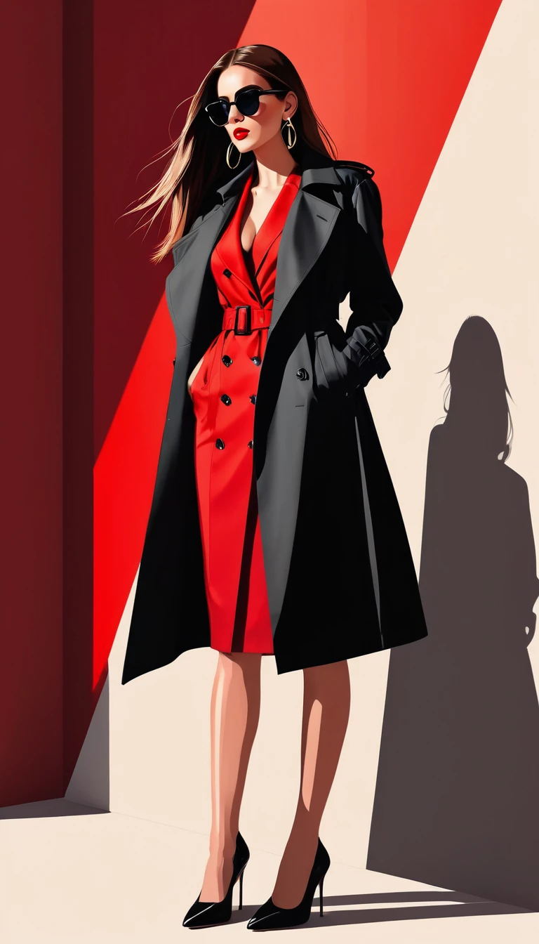 Simple vector illustration，Beautiful girl standing against the wall，Unique，confidence，Long straight hair，sunglasses，Exaggerated earrings，Unique，Staring at the audience），（Black deep V trench coat：1.37，Red bottoming skirt）。Looking from the bottom up，Geometric Light and Shadow，Clean and simple red background