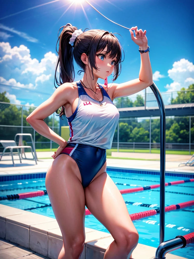 Highest quality,Highest Resolution,Pool coach beautiful girl,High leg,ponytail,A whistle hanging from his neck,Competition Pool,