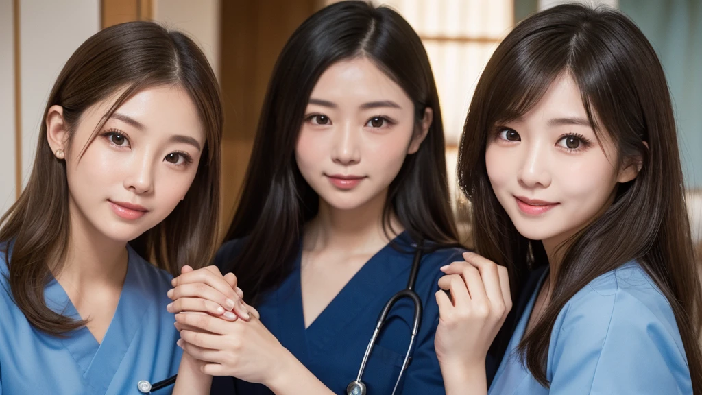 (2 Girls )、(Beautiful Japanese、30years old,round face、Refreshing、clear、seems kind、stylish、Pitiful、cute like an angel、cute、black eyes、(Single eyelid:1.3)、Beautiful skin), {(Japan human face:1.4),(General facial features)} , (((Beautiful breasts:0.4))),(((soft breasts))),,(brown hair,),(enchanting eyes),(highlight on eyes:1.2)、(8K、Live shooting、highest quality、masterpiece:1.2、optimal lighting)、((masterpiece)),(Photo taken by a professional photographer),(real、photo real:1.4),BREAK,((taraditional nurse uniform))},(cleavage:0.5)},( Smile),(cheeks are red:1.3), BREAK, hospital,Face shot:1.0、 face close-up,,(((1970s vibe)))、hospital ,Holding hands on patient's body