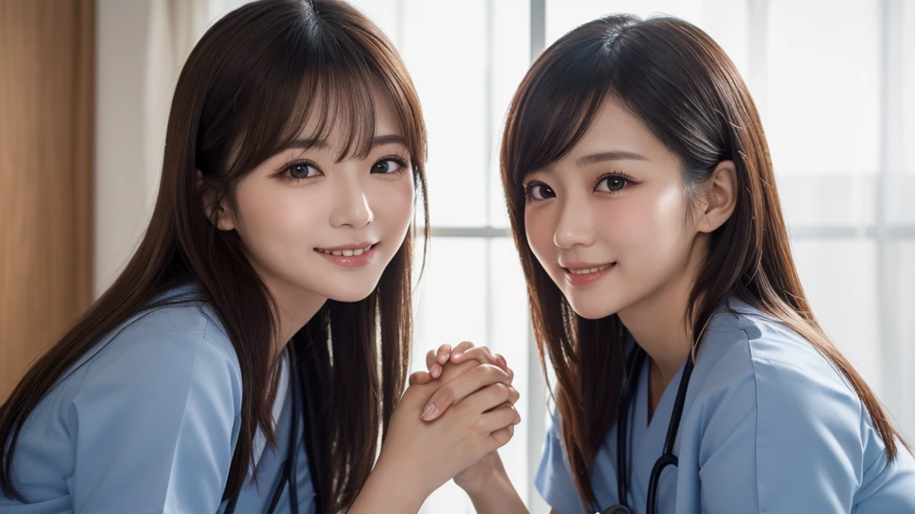 (2 Girls )、(Beautiful Japanese、30years old,round face、Refreshing、clear、seems kind、stylish、Pitiful、cute like an angel、cute、black eyes、(Single eyelid:1.3)、Beautiful skin), {(Japan human face:1.4),(General facial features)} , (((Beautiful breasts:0.4))),(((soft breasts))),,(brown hair,),(enchanting eyes),(highlight on eyes:1.2)、(8K、Live shooting、highest quality、masterpiece:1.2、optimal lighting)、((masterpiece)),(Photo taken by a professional photographer),(real、photo real:1.4),BREAK,((taraditional nurse uniform))},(cleavage:0.5)},( Smile),(cheeks are red:1.3), BREAK, hospital,Face shot:1.0、 face close-up,,(((1970s vibe)))、hospital ,Holding hands on patient's body