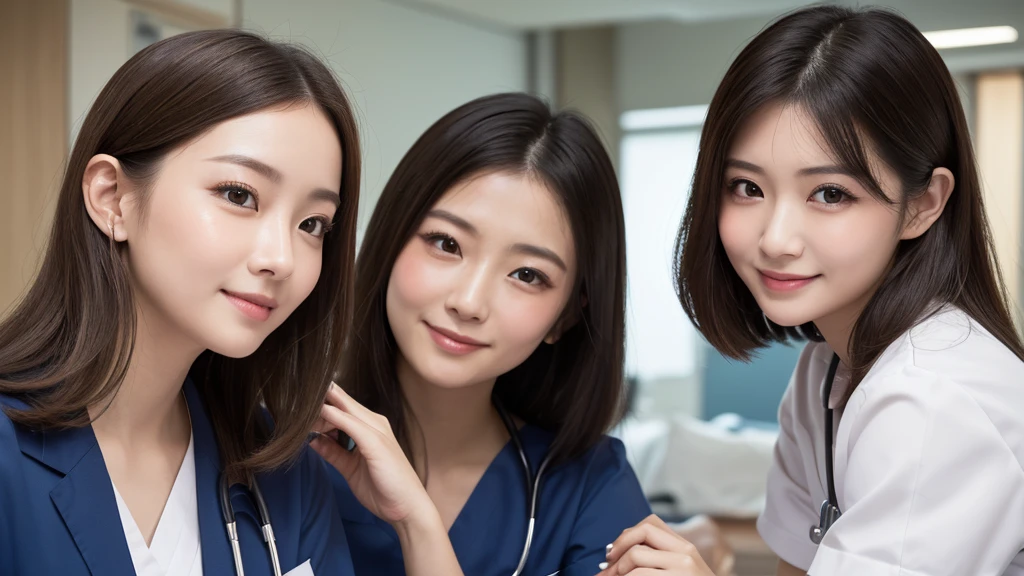 (2 Girls )、(Beautiful Japanese、30years old,round face、Refreshing、clear、seems kind、stylish、Pitiful、cute like an angel、cute、black eyes、(Single eyelid:1.3)、Beautiful skin), {(Japan human face:1.4),(General facial features)} , (((Beautiful breasts:0.4))),(((soft breasts))),,(brown hair,),(enchanting eyes),(highlight on eyes:1.2)、(8K、Live shooting、highest quality、masterpiece:1.2、optimal lighting)、((masterpiece)),(Photo taken by a professional photographer),(real、photo real:1.4),BREAK,((taraditional nurse uniform))},(cleavage:0.5)},( Smile),(cheeks are red:1.3), BREAK, hospital,Face shot:1.0、 face close-up,,(((1970s vibe)))、hospital ,Holding hands on patient&#39;s body