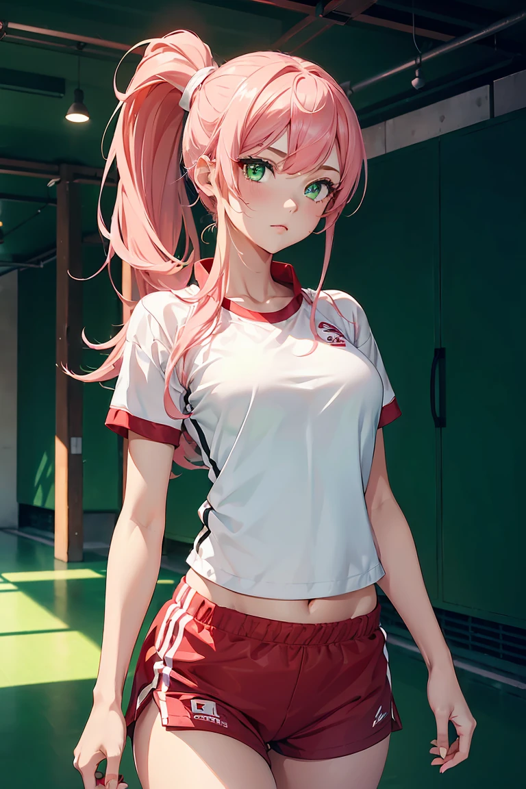 ((1 Girl)), White top, Red shorts with white lines on the sides, Gym suit,Cowboy Shot,((Very detailed,Highest quality, High resolution, 8k wallpaper, Beautiful clothes,)),((Pink Hair, Long Hair,Straight hair,ponytail)) ,(Green Eyes),eye shadow, eyeliner,Glowing Eyes, Very detailed目, Complex eyes, Beautiful Eyes, ((輝くGreen Eyes)), 18-year-old girl