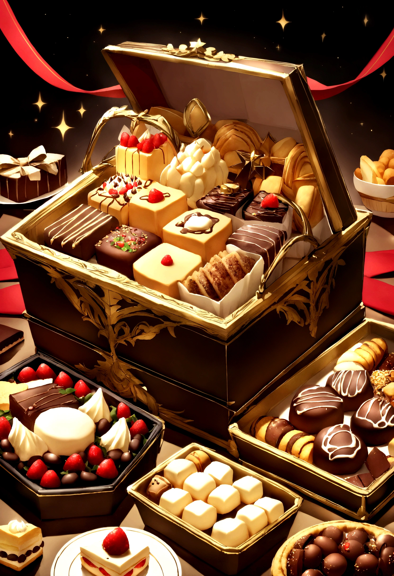 
Royal Magic Snack Basket This snack basket is carefully crafted by the former royal craftsmen of the Kingdom of Beast Ears.，Square snack box，Divided into nine compartments，The large snack box has a gorgeous and noble appearance。The basket contains various royal magic snacks，Royal Cake、Royal Chocolate、Royal Cookies，Royal Sandwich Dessert，Decorated with red ribbon and black cardboard，Decorated with gold thread