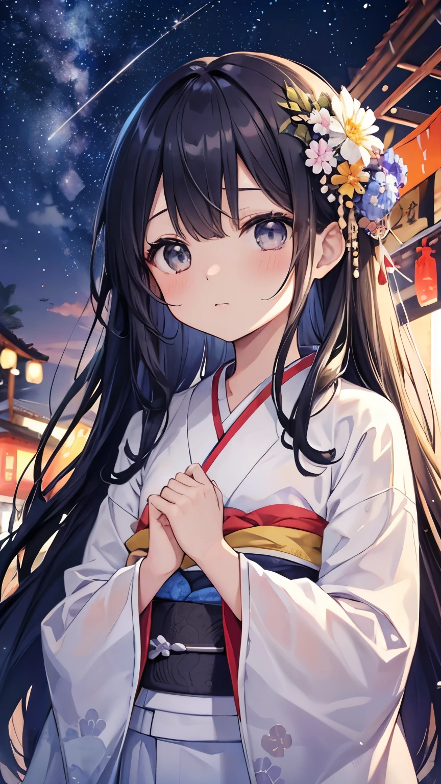 Highest quality:1.1)、(masterpiece:1.2)、(solo)、Close-up、Watching the viewer、summer,kimono,Flowing sweat,Tanabata,Milky Way,milky way,festival,Girl,whole body,Starry Sky,Black Hair,,Grey Eyes,Long Hair,Straight Hair