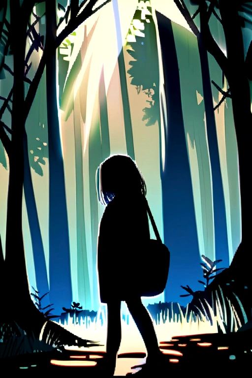 Student girl. She is peeing in the forest.
