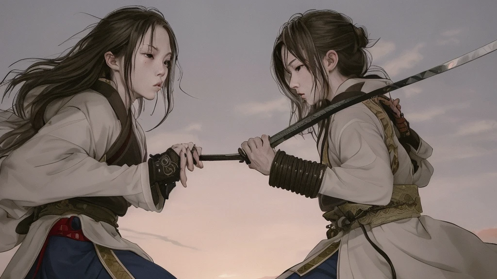 In the fading light of the setting sun, two fierce samurai clash their swords in a swift and intense duel, their movements like lightning flashes. The combatants are skilled warriors, embodying the essence of honor and valor. The scene is captured in a stunning painting, showcasing the intricacy of the swords clashing and the emotions etched on their faces. Every detail is meticulously depicted, from the flowing robes to the determination in their eyes. This high-quality image mesmerizes viewers with its vivid portrayal of the timeless battle between two noble warriors.