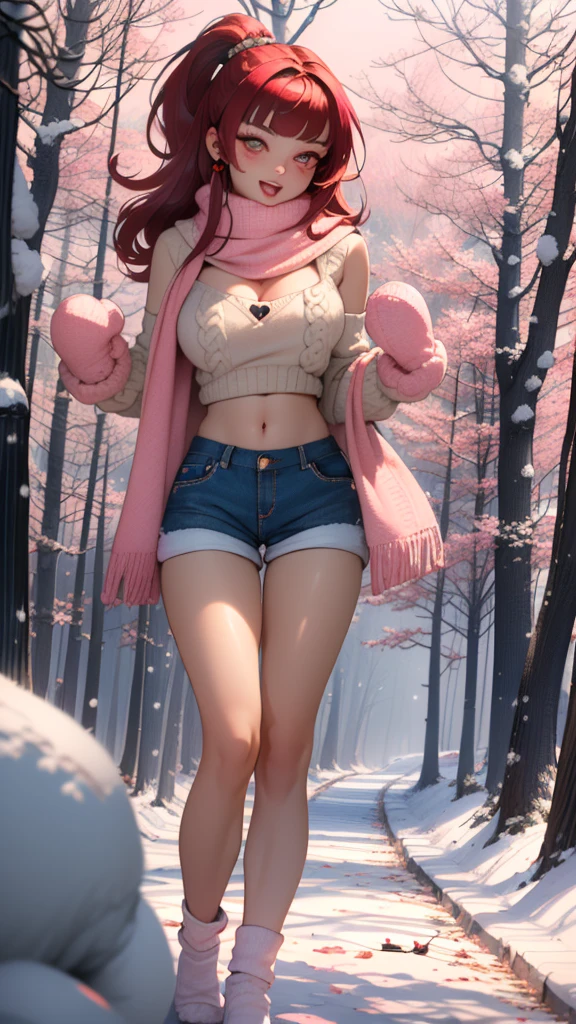 explorer girl,1girl,((extremely cute and beautiful red haired explorer girl)),(((18 years old))),(large breasts:1.4),((((red hair:1.35,absurdly long unkempt hair,ponytail red hair,bangs,colored inner hair,ear breathing)))),(((red_eyes:1.3))),intricate eyes,beautiful detailed eyes,symmetrical eyes,((((lustrous skin:1.5,tanned skin,bright skin:1.5,skin tanned,shiny skin,very shiny skin,shiny body)))),(spider lower abdomen,narrow waist,wide hip,athletic body,inflated legs,thick thighs,detailed body,(detailed face)),((heart pupils:1.5,heart:1.3,hearts:1.3,heart marks:1.3)),(ahegao face:1.5),

cute,slutty,seductive,erotic,(nsfw),

((large white socks:1.5,socks texture must be natural)),((deep V sweater:1.5)),((no bottoms)),((white mittens:1.5,white scarf:1.5),((navel)),((shorts,short shorts,denim shorts)),(((unzipped, open fly))),

(dynamic pose:1.0),embarrassed,(centered,scale to fit dimensions,Rule of thirds),

((snowy pink cherry forest:1.5,pink theme forest:1.5)),winter,scenery:1.25,((intricate scenery)),((snow forest background)),Christmas tree,

(Glossy winter ornaments),highres,sharp focus,(ultra detailed,extremely detailed),(photorealistic artwork:1.37),(extremely detailed CG unity 8k wallpaper),(((vibrant colors,vibrant theme))),(intricate),(masterpiece),(best quality),

