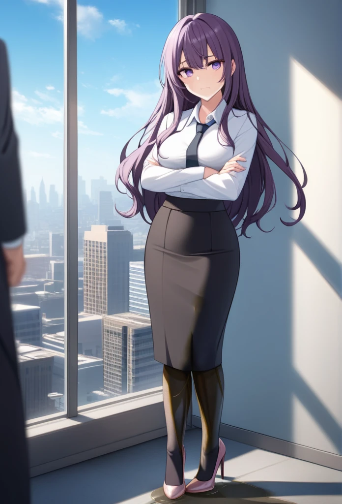 (masterpiece:1.37), best quality, (extremely detailed:1.37), office, window overlooking a bustling cityscape, woman, (mature:1.75), (very long hair:1.25), dark purple hair, purple eyes, (extremely detailed eyes:1.37) shining eyes, breasts, business suit, necktie, (very long pencil skirt:1.5), pantyhose, (wetting herself:1.5), standing, (arms crossed:1.5), (desperation:1.75), dignified, stoic expression, full body, high heels, day, daytime, glow, looking at viewer, perfect composition, Perfect light and shadow, 8K