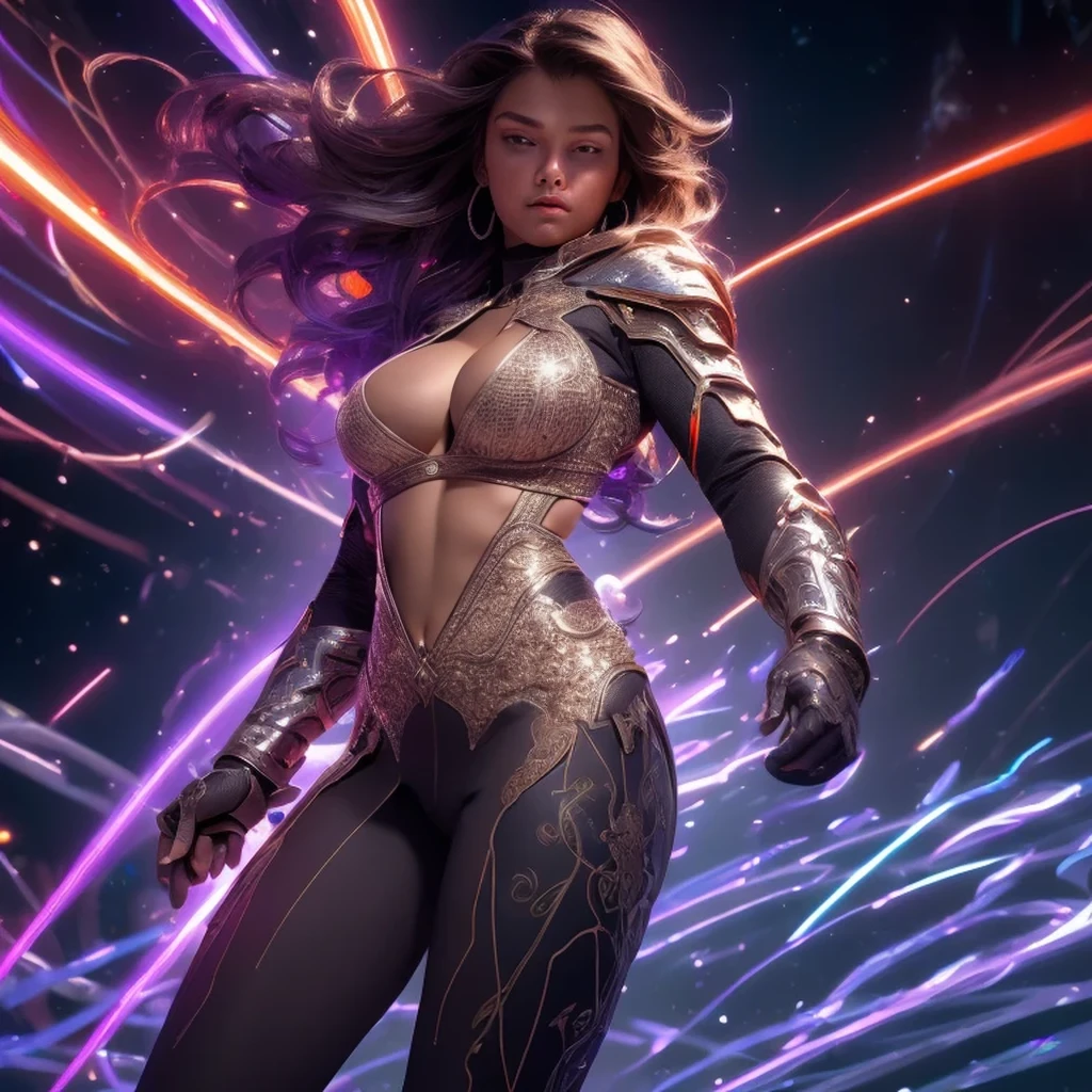 redo her outfit so that her large breasts are more pronounced and showing nice cleavage, skin-tight wear its covered and showing much more skin, showing off her toned midriff and lower stomach, make it more revealing