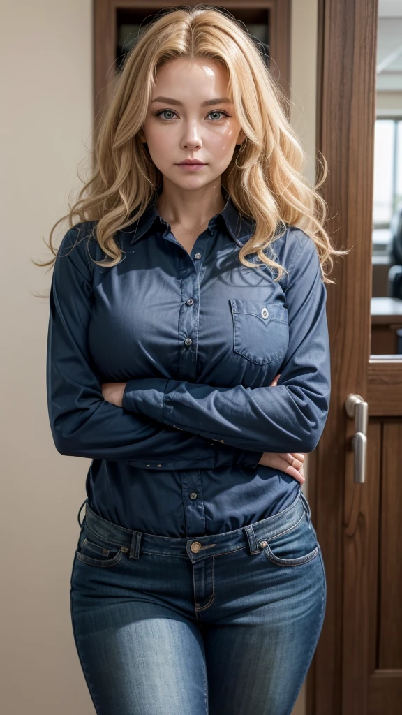 generate photo of remax real estate brokerage , 44 years old, blonde curly hair, square face , small mouth, greeneyes , corpo plus size , breasts small , wearing a 3 sleeve button down shirt/4 navy blue and jeans , with arms crossed 