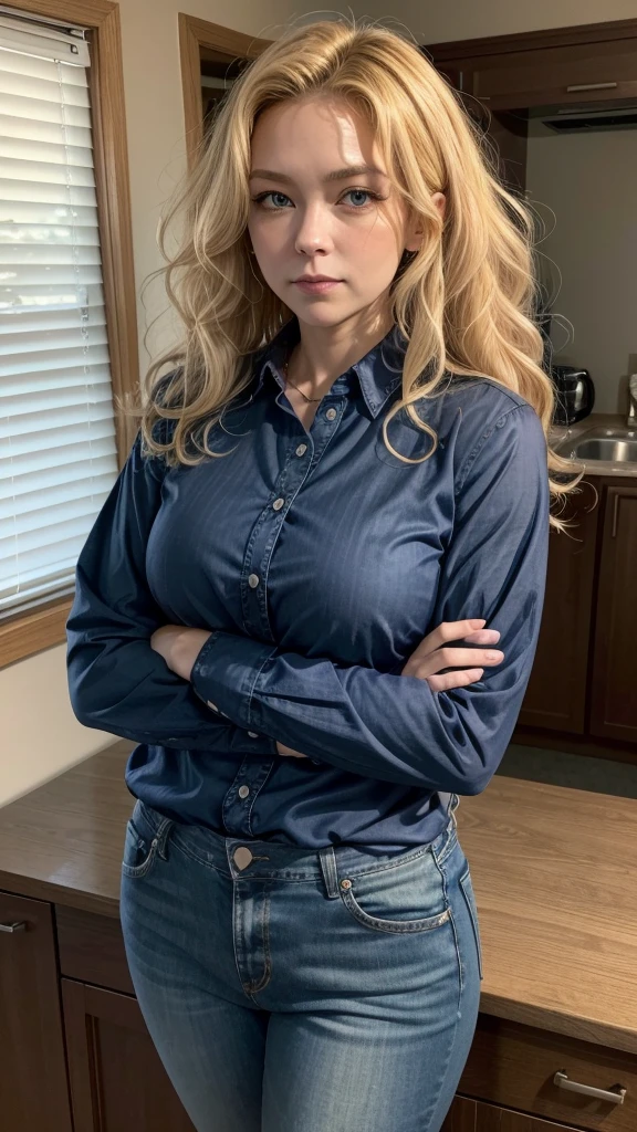 generate photo of remax real estate brokerage , 44 years old, blonde curly hair, square face , small mouth, greeneyes , corpo plus size , breasts small , wearing a 3 sleeve button down shirt/4 navy blue and jeans , with arms crossed 