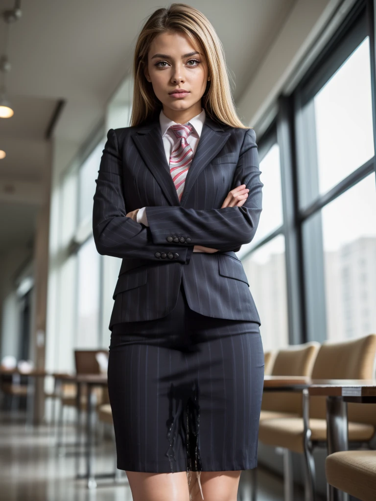(masutepiece,High quality,16k:1.1),(depth of fields:1.3) ,((front body:1.35)), Ukrainian ,Woman, blonde,makeup,((business suit, black vertical striped pencil skirt )), voluptuous, thicc,(arms crossed:1.5) (wetting herself:1.5), (desperation:1.75),standing ,necktie peeing self, wetting her clothes