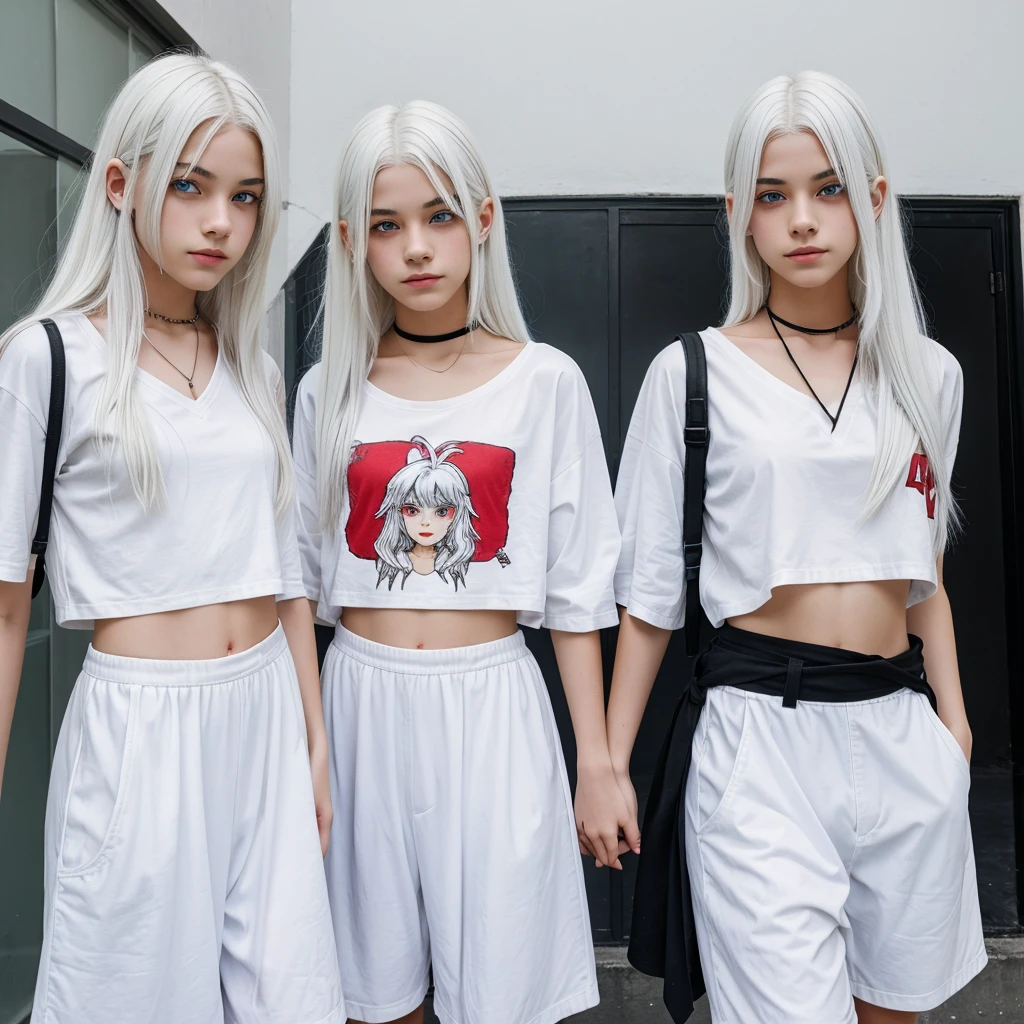 Twin teenager boy and girl with white hair and red eyes.