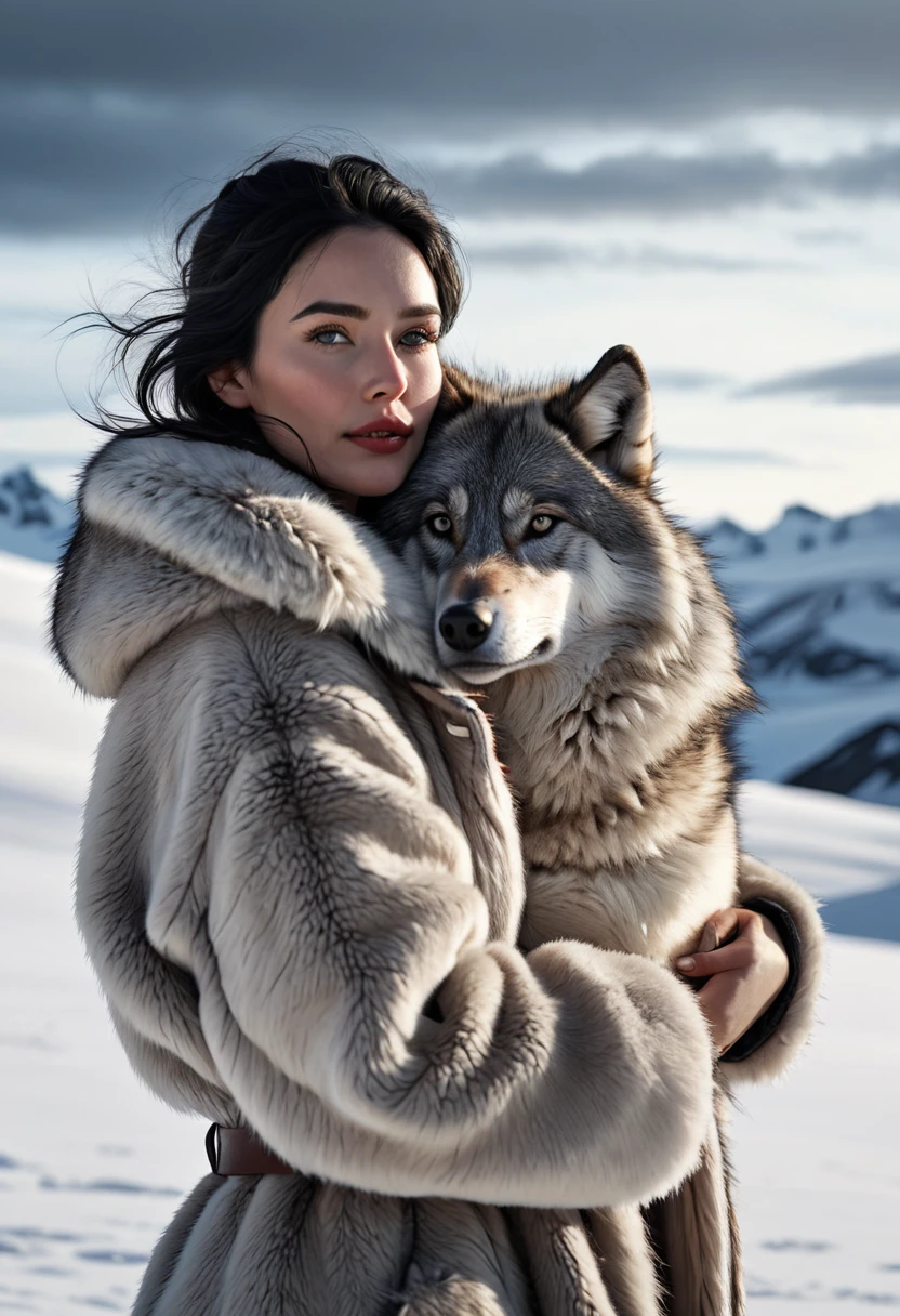 image of a full naked standy on white woman, black hair, medium sagging breasts hugging herself, to keep warm, a wolf passes behind her and looks, the sky is grey, the scene takes place in the south pole, in the patagonia, (best quality,4k,8k,highres,masterpiece:1.2),ultra-detailed,(realistic,photorealistic,photo-realistic:1.37),detailed portrait, beautiful detailed eyes, beautiful detailed lips, extremely detailed face, long eyelashes, winter landscape, dramatic lighting, moody atmosphere, cinematic composition, muted color palette, snow covered ground, fur coat, wolf, patagonia, south pole