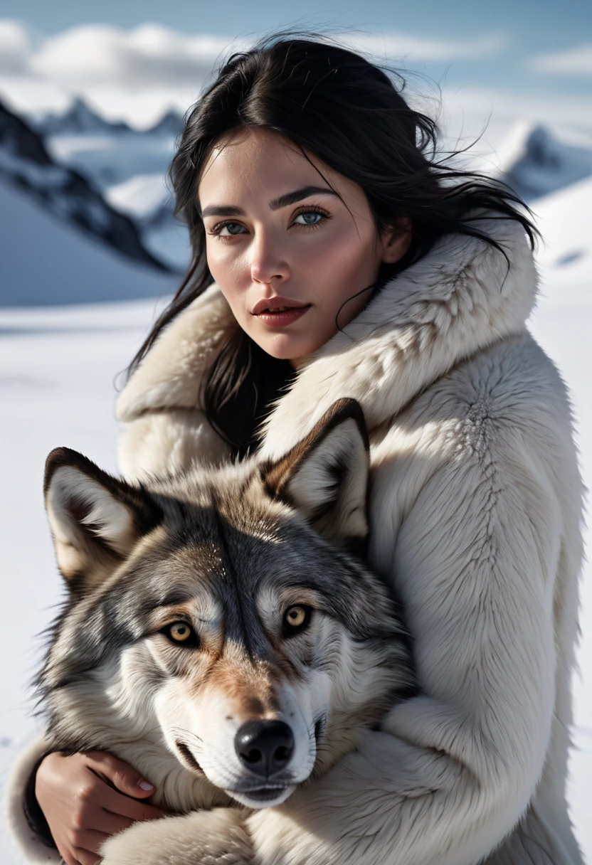 image of a full naked standy on white woman, black hair, medium sagging breasts hugging herself, to keep warm, a wolf passes behind her and looks, the sky is grey, the scene takes place in the south pole, in the patagonia, (best quality,4k,8k,highres,masterpiece:1.2),ultra-detailed,(realistic,photorealistic,photo-realistic:1.37),detailed portrait, beautiful detailed eyes, beautiful detailed lips, extremely detailed face, long eyelashes, winter landscape, dramatic lighting, moody atmosphere, cinematic composition, muted color palette, snow covered ground, fur coat, wolf, patagonia, south pole