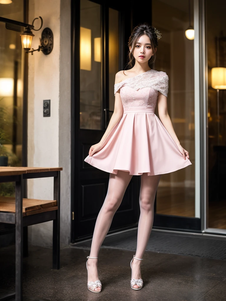 (((masterpiece))), (((Highest quality: 1.4))), ((Very detailed: 1.4)) , ulzzang-6500-v1.1, (RAW Photos:1.2), (Photorealistic), (Genuine:1.4), Sharp focus、Hot pink one-shoulder pleated slit high cocktail party dress、Ultra-realistic pantyhose、