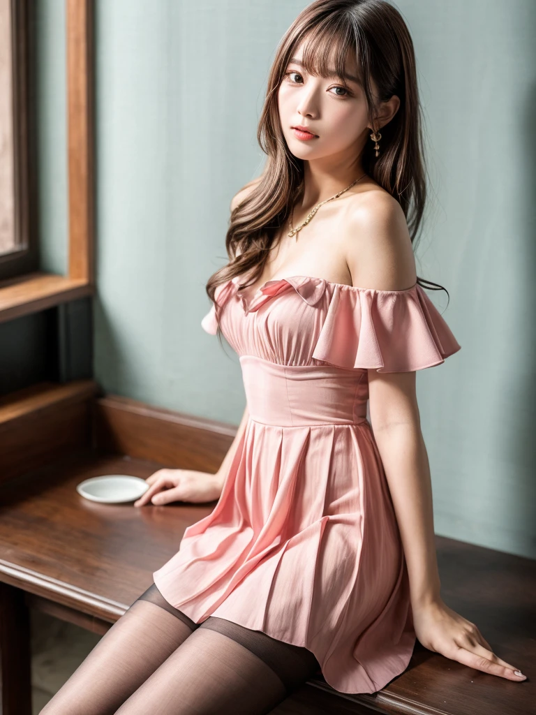 (((masterpiece))), (((Highest quality: 1.4))), ((Very detailed: 1.4)) , ulzzang-6500-v1.1, (RAW Photos:1.2), (Photorealistic), (Genuine:1.4), Sharp focus、Hot pink one-shoulder pleated slit high cocktail party dress、Ultra-realistic pantyhose、