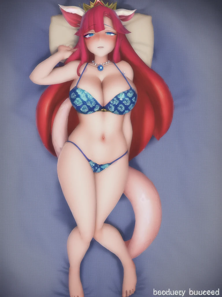 1Mermaid, mermaid tail below waistline, underwaters, pearl crown, red hair, long hair, blue eyes, cow print bra, large breasts, cleavage, happy, blush, full body,