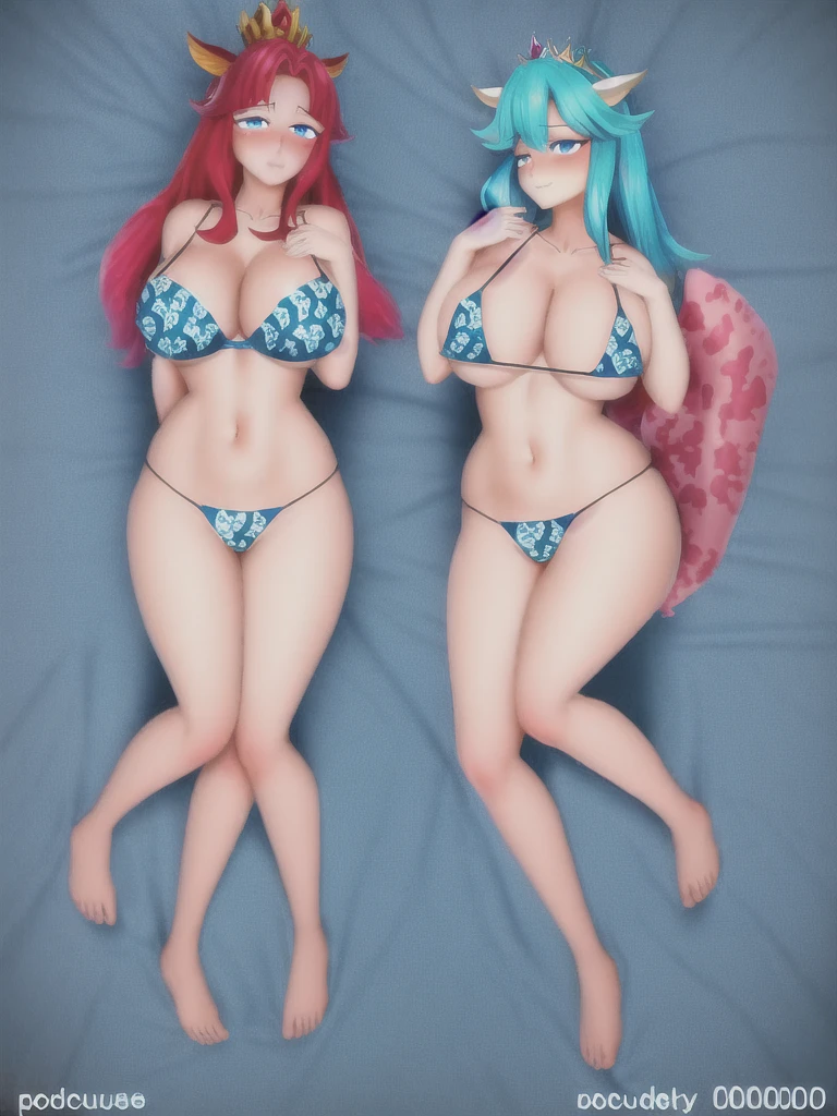 1Mermaid, mermaid tail below waistline, underwaters, pearl crown, red hair, long hair, blue eyes, cow print bra, large breasts, cleavage, happy, blush, full body,