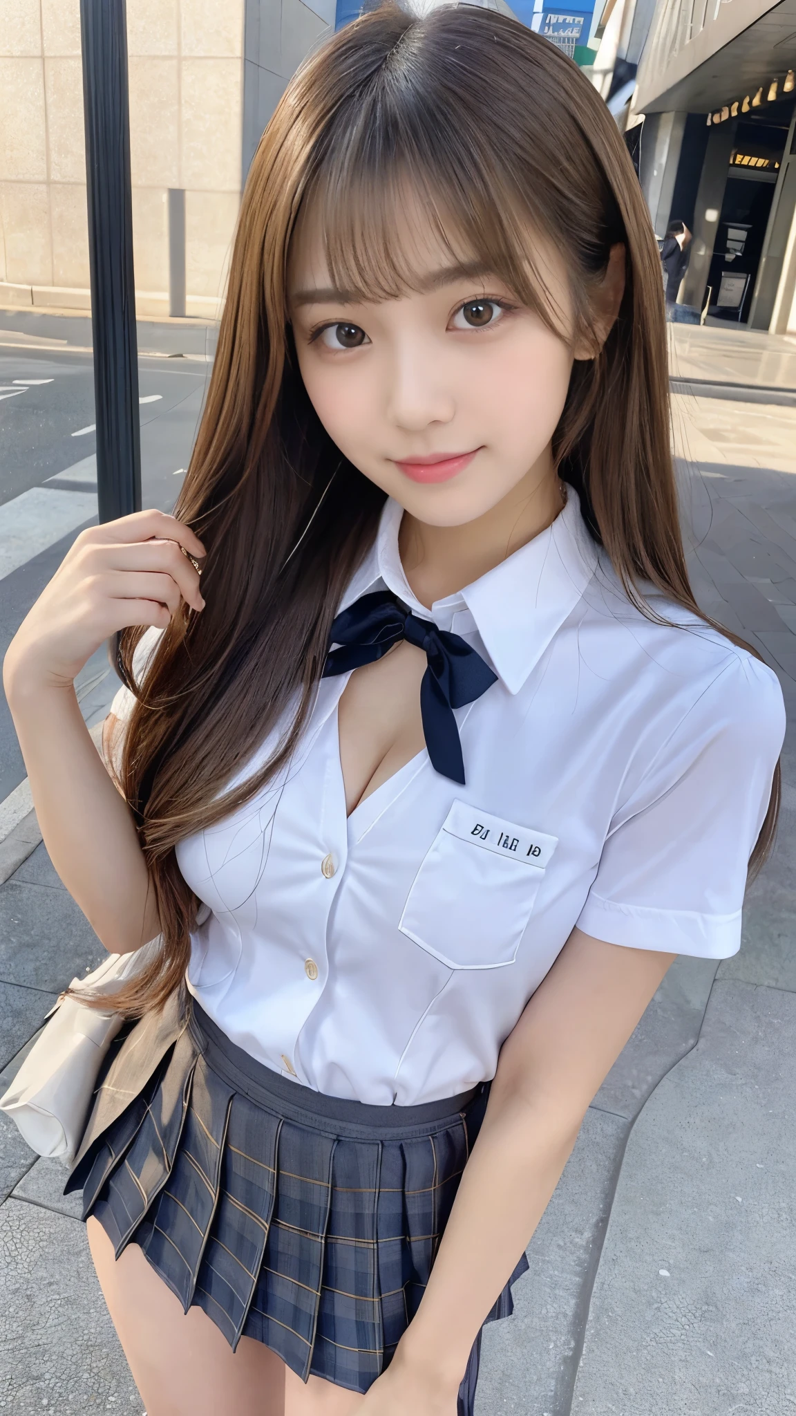 (Detailed skin:1.2),(Shiny skin:1.1),8K,Highest quality, masterpiece, Ultra-high resolution,(Realistic:1.4), RAW Photos,(Soft saturation:1.3),(Fair skin:1.2),Japanese Idols,repair,20 years, Light brown hair, （Long Hairstyles:1.2), Asymmetrical Hair, Asymmetrical bangs (Pretty face:1.4), (Large Breasts, Tight waist), Beautiful lighting, Small Head, (Student Uniform:1.2,),Highly detailed face, Highly detailed lips, fine grain, double eyelid,（Full Body Shot）, Browsing Caution, （Sharp focus: 1.2）, （Perfect Anatomy、Beautiful woman with perfect figure: 1.2）、Exposing cleavage、Random sexy poses，Accentuate your leg lines、Smiling