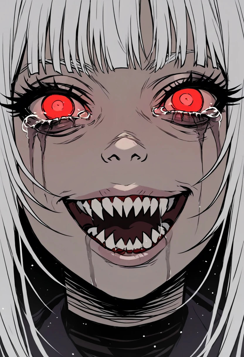 Madness,1girl,solo,looking at viewer,bangs,red eyes,sharp teeth,tears,eyelashes,glowing,heterochromia,portrait,light particles,close-up,eye focus , yandere , crazy laugh , white hair