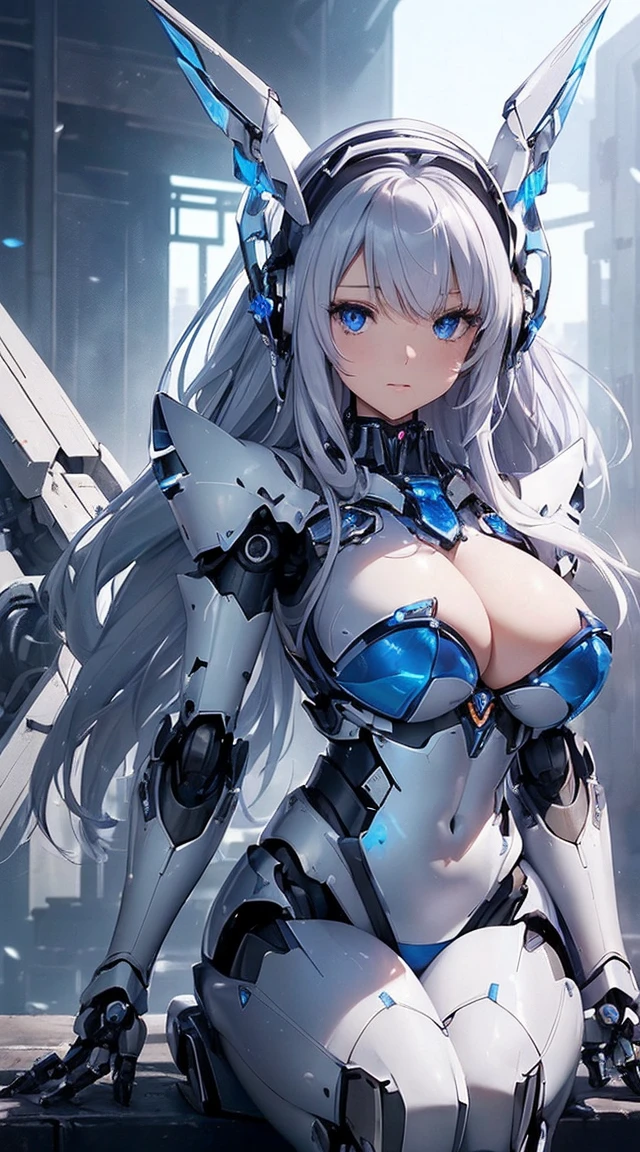 (Sit with one knee on the machine:1.6)、(Full body description:1.3)、((Shining lenses on both breasts:1.3))、((Blue pillars of light are emanating from both chests.:1.3))、smile、((8K)), ((32k)), ((Highest quality)), ((masterpiece)), ((超A high resolution)), ((Tmasterpiece)), ((Halation:1.4))、((Mechaニカルheadgear:1.2))、((Cyber Headphones:1.3))、Fine skin, High quality fabric, Fine metal texture、((Beautiful and dense face))、RAW Photos、Professional, Ultra-fine painting, ((alone)), Beautiful breasts、Highest quality, Very detailed, Very detailed詳細, Finer details, so beautiful, ((Princess Knight Robot:1.2)),  (Joints of machines, Mechanical Limbs:1.3), (The internal structure of the machine is exposed:1.3), (Long silver hair:1.1), (Beautiful and huge mechanical breasts)、White Veil, cowboy_shot, Side Focus, headgear, Shiny、(Five Fingers, Four fingers and thumb),Concept Art, Anime fantasy artwork, Detailed fantasy art, (with pale blue-violet hair and large white wings,,,,,,,), (((Long silver hair))), (Mecha:1.6)、Sleek and intimidating design, ((Commander-in-Chief&#39;arm)), (Perfect robot body)、純白と青紫armまたは, Symmetrical wings, 8K high quality, detailed art, 3D rendering of character art in 8K, neat legs, Defined, Defined fingers,