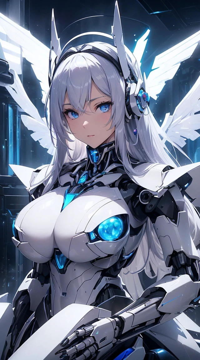 (Sit with one knee on the machine:1.6)、(Full body description:1.3)、((Shining lenses on both breasts:1.3))、((Blue pillars of light are emanating from both chests.:1.3))、smile、((8K)), ((32k)), ((Highest quality)), ((masterpiece)), ((超A high resolution)), ((Tmasterpiece)), ((Halation:1.4))、((Mechaニカルheadgear:1.2))、((Cyber Headphones:1.3))、Fine skin, High quality fabric, Fine metal texture、((Beautiful and dense face))、RAW Photos、Professional, Ultra-fine painting, ((alone)), Beautiful breasts、Highest quality, Very detailed, Very detailed詳細, Finer details, so beautiful, ((Princess Knight Robot:1.2)),  (Joints of machines, Mechanical Limbs:1.3), (The internal structure of the machine is exposed:1.3), (Long silver hair:1.1), (Beautiful and huge mechanical breasts)、White Veil, cowboy_shot, Side Focus, headgear, Shiny、(Five Fingers, Four fingers and thumb),Concept Art, Anime fantasy artwork, Detailed fantasy art, (with pale blue-violet hair and large white wings,,,,,,,), (((Long silver hair))), (Mecha:1.6)、Sleek and intimidating design, ((Commander-in-Chief&#39;arm)), (Perfect robot body)、純白と青紫armまたは, Symmetrical wings, 8K high quality, detailed art, 3D rendering of character art in 8K, neat legs, Defined, Defined fingers,