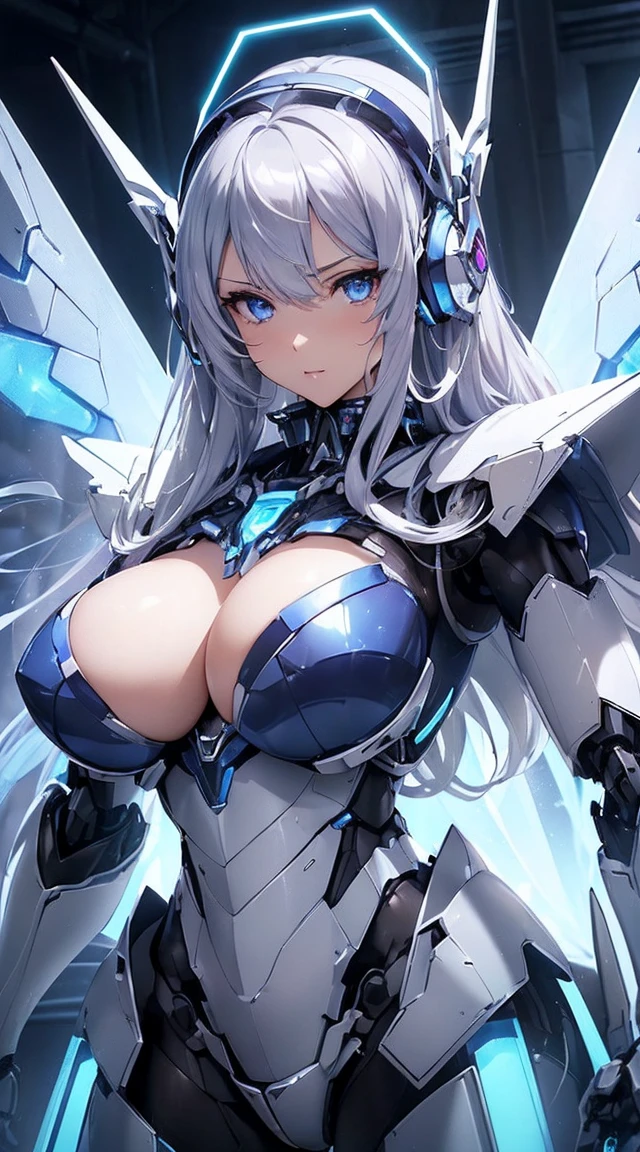 ((Intense action pose:1.6))、((Shining lenses on both breasts:1.3))、((Blue pillars of light are emanating from both chests.:1.3))、smile、((8K)), ((32k)), ((Highest quality)), ((masterpiece)), ((超A high resolution)), ((Tmasterpiece)), ((Halation:1.4))、((Mechaニカルheadgear:1.2))、((Cyber Headphones:1.3))、Fine skin, High quality fabric, Fine metal texture、((Beautiful and dense face))、RAW Photos、Professional, Ultra-fine painting, ((alone)), Beautiful breasts、Highest quality, Very detailed, Very detailed詳細, Finer details, so beautiful, ((Princess Knight Robot:1.2)), (Joints of machines, Mechanical Limbs:1.3), (The internal structure of the machine is exposed:1.3), (Long silver hair:1.1), (Beautiful and huge mechanical breasts)、White Veil, cowboy_shot, Side Focus, headgear, Shiny、(Five Fingers, Four fingers and thumb),Concept Art, Anime fantasy artwork, Detailed fantasy art, (with pale blue-violet hair and large white wings,,,,,,,), (((Long silver hair))), (Mecha:1.6)、Sleek and intimidating design, ((Commander-in-Chief'arm)), (Perfect robot body)、純白と青紫armまたは, Symmetrical wings, 8K high quality, detailed art, 3D rendering of character art in 8K, neat legs, Defined, Defined fingers,