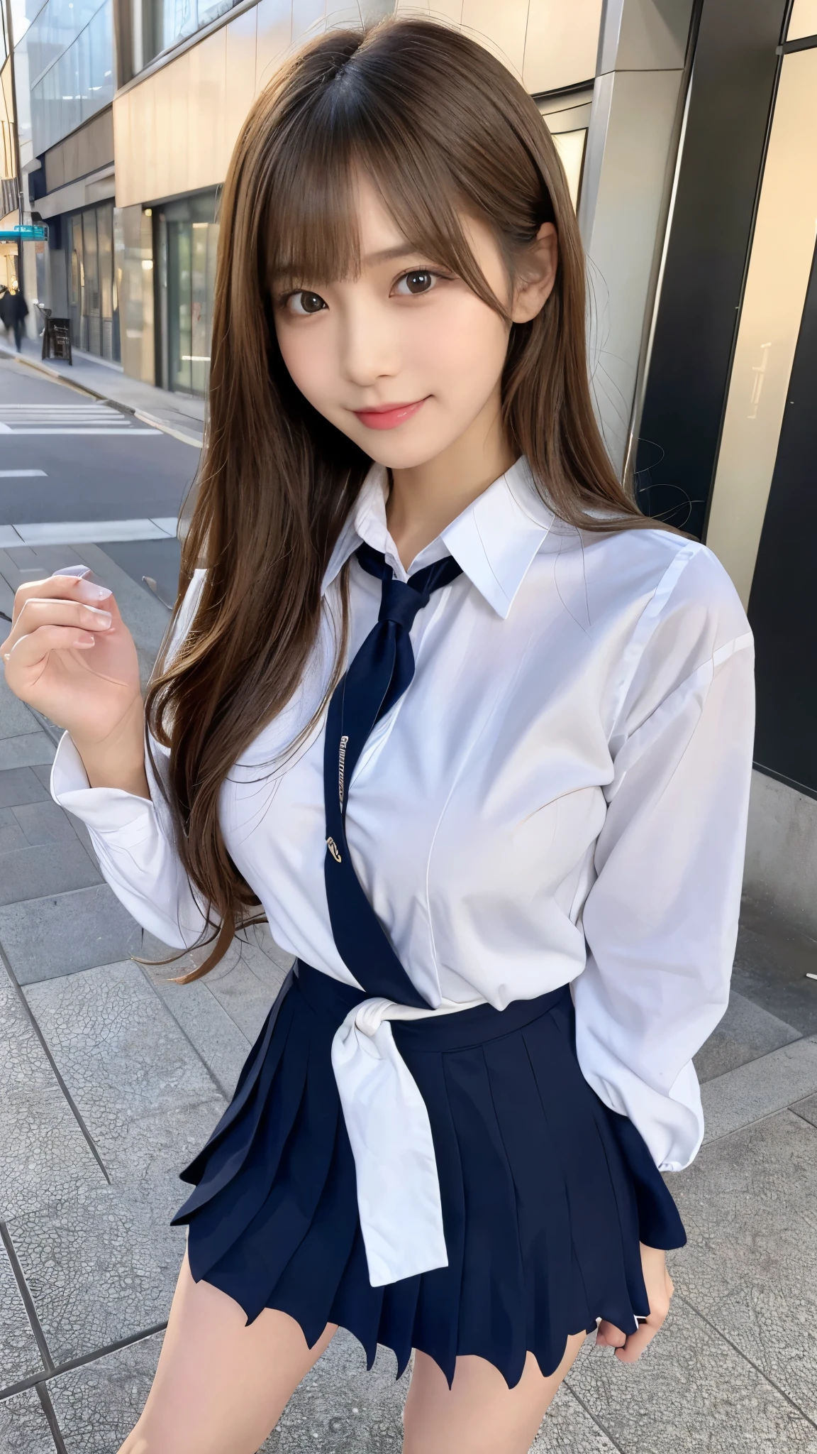 (Detailed skin:1.2),(Shiny skin:1.1),8K,Highest quality, masterpiece, Ultra-high resolution,(Realistic:1.4), RAW Photos,(Soft saturation:1.3),(Fair skin:1.2),Japanese Idols,repair,20 years, Light brown hair, (Long Hairstyles:1.2), Asymmetrical Hair, Asymmetrical bangs (Pretty face:1.4), (Large Breasts, Tight waist), Beautiful lighting, Small Head, (Student Uniform:1.2,),Highly detailed face, Highly detailed lips, fine grain, double eyelid,(Full Body Shot), Browsing Caution, (Sharp focus: 1.2), (Perfect Anatomy、Beautiful woman with perfect figure: 1.2)、Exposing cleavage、Random sexy poses,Accentuate your leg lines、Smiling