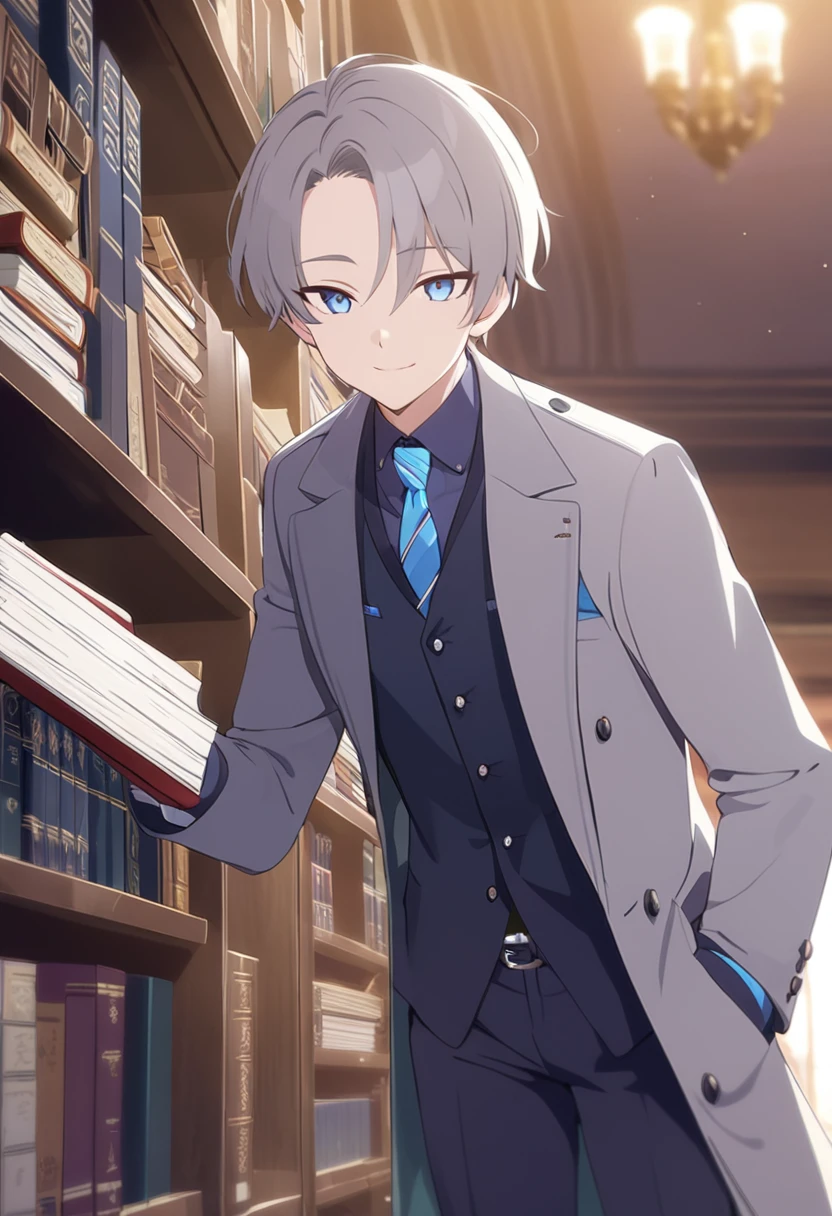 masterpiece,best quality,depth of field,8K,looking at the viewer,dark gray hair,blue eyes,man,gray long coat,library,alone,holding an open book,smiling,male,(charismatic eyes 1;1),wseifuku,necktie,Suit pants