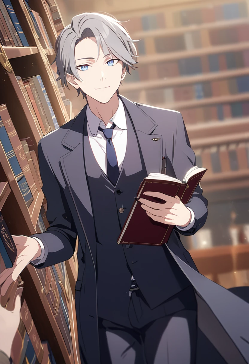 masterpiece,best quality,depth of field,8K,looking at the viewer,dark gray hair,blue eyes,man,gray long coat,library,alone,holding an open book,smiling,male,(charismatic eyes 1;1),wseifuku,necktie,Suit pants